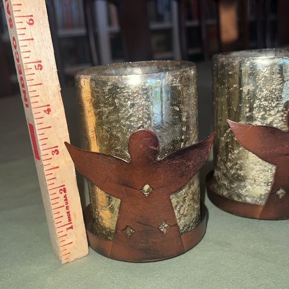 Pair of beautiful gold mercury glass & metal angel candle holders by Pomeroy. - Picture 3 of 5